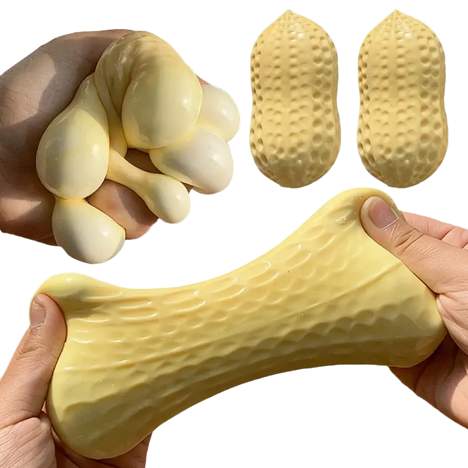 Yellow peanut-shaped soap ball stress relief fidget toy made of flexible silicone with textured surface