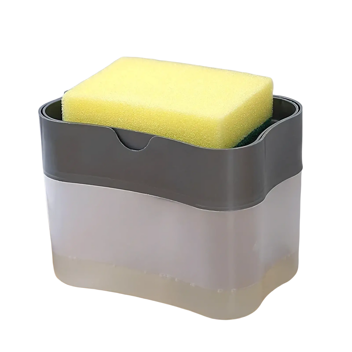 Gray translucent plastic soap dispenser pump with built-in sponge caddy holding a yellow sponge for kitchen use