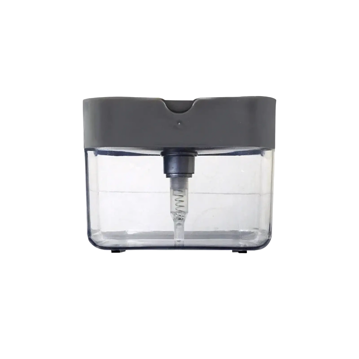 Gray and transparent plastic soap dispenser pump with sleek modern design and integrated sponge caddy for kitchen use