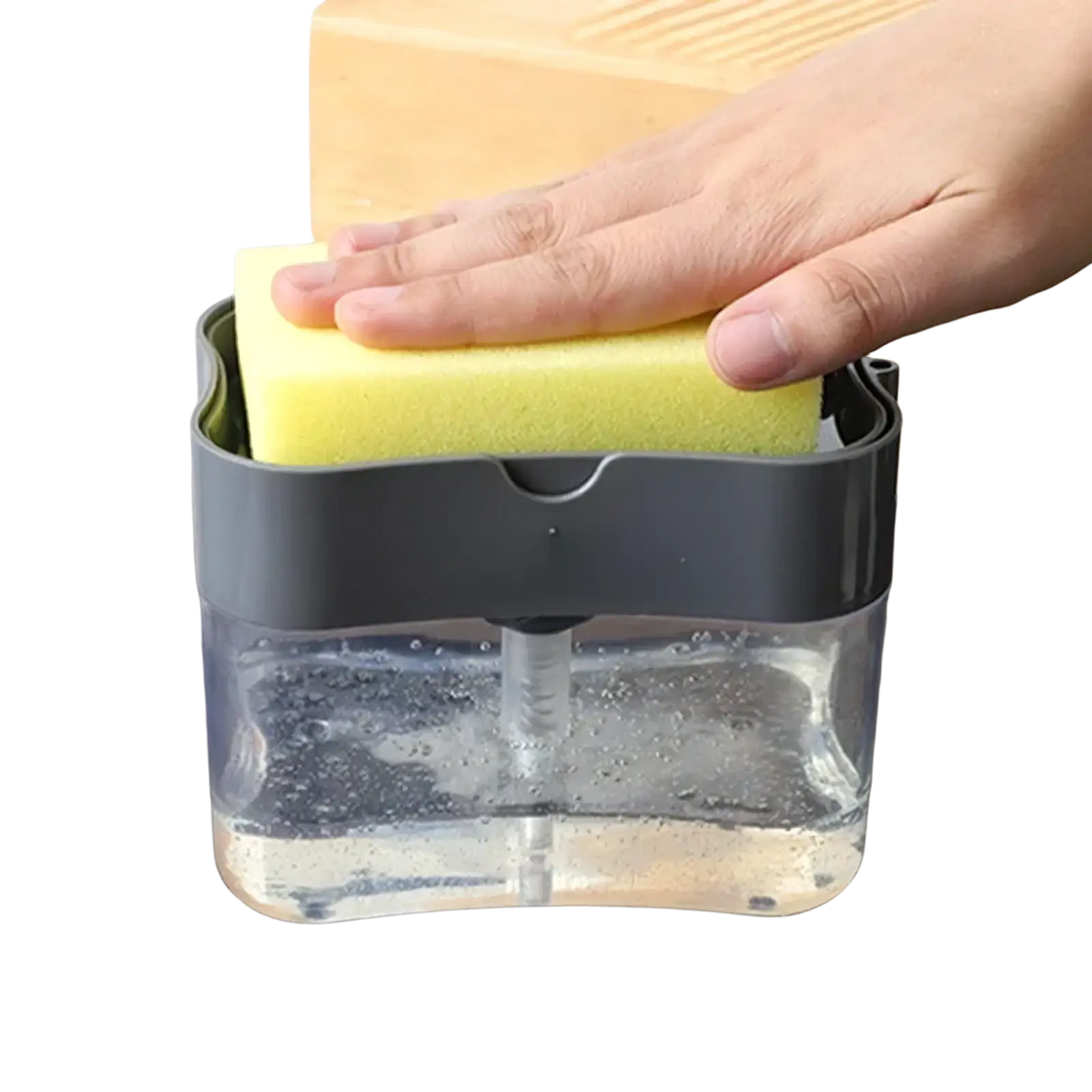Gray and transparent plastic soap dispenser pump with yellow sponge caddy on top for kitchen cleaning tasks