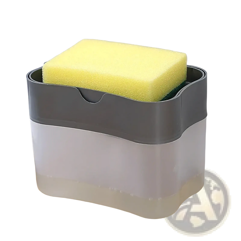 Gray translucent plastic soap dispenser pump with built-in sponge caddy holding a yellow sponge for kitchen use