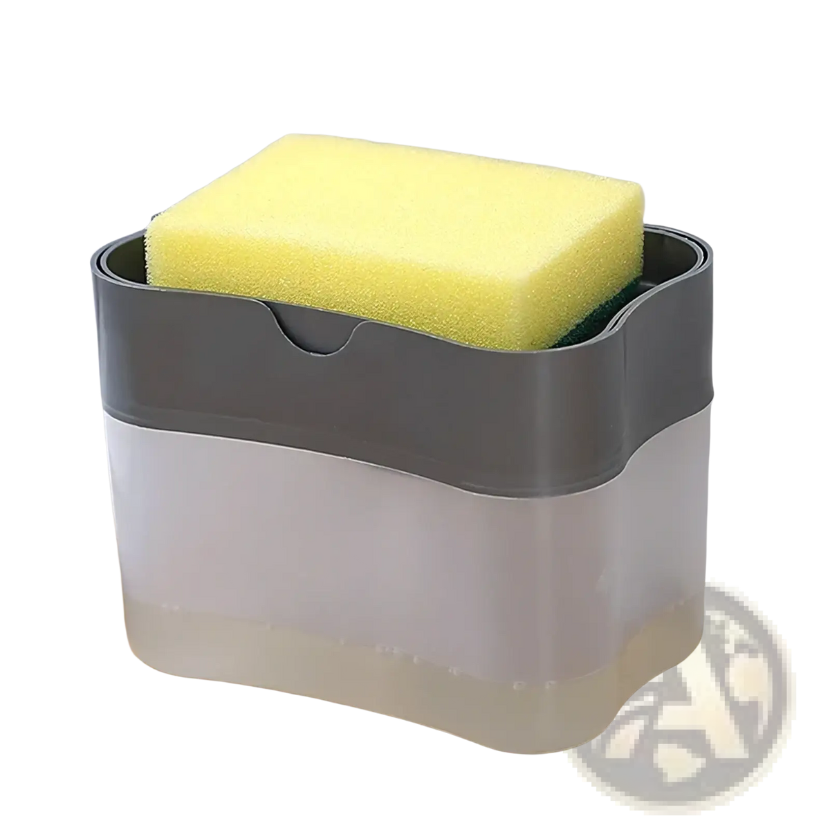 Gray translucent plastic soap dispenser pump with built-in sponge caddy holding a yellow sponge for kitchen use