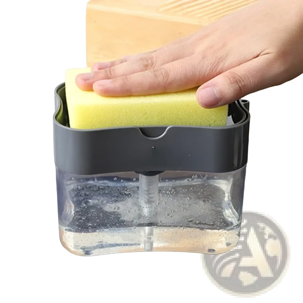 Gray and transparent plastic soap dispenser pump with yellow sponge caddy on top for kitchen cleaning tasks