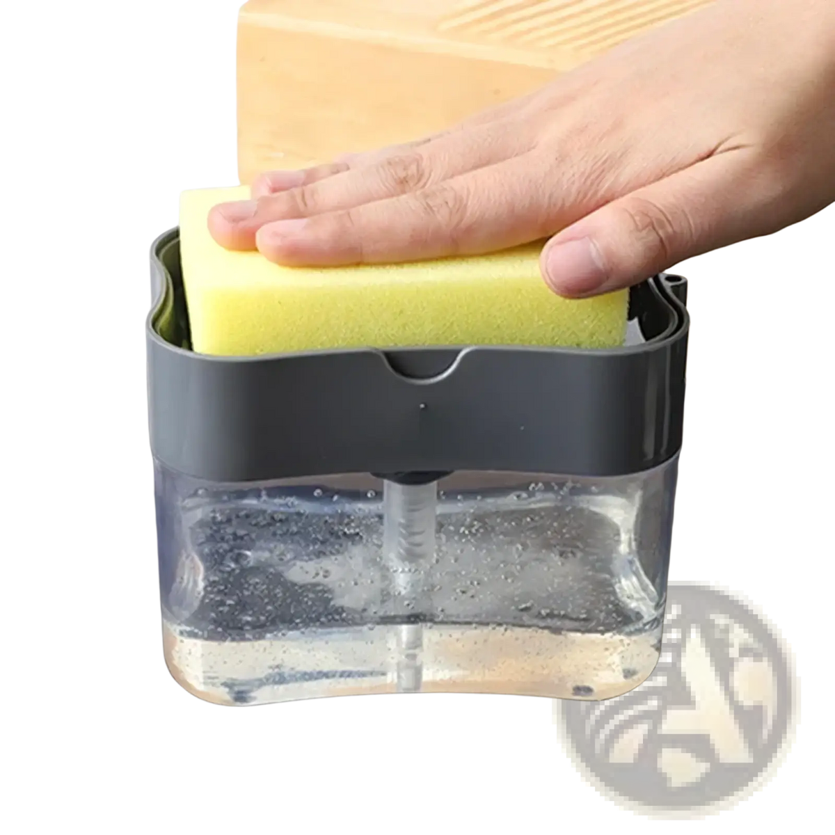 Gray and transparent plastic soap dispenser pump with yellow sponge caddy on top for kitchen cleaning tasks