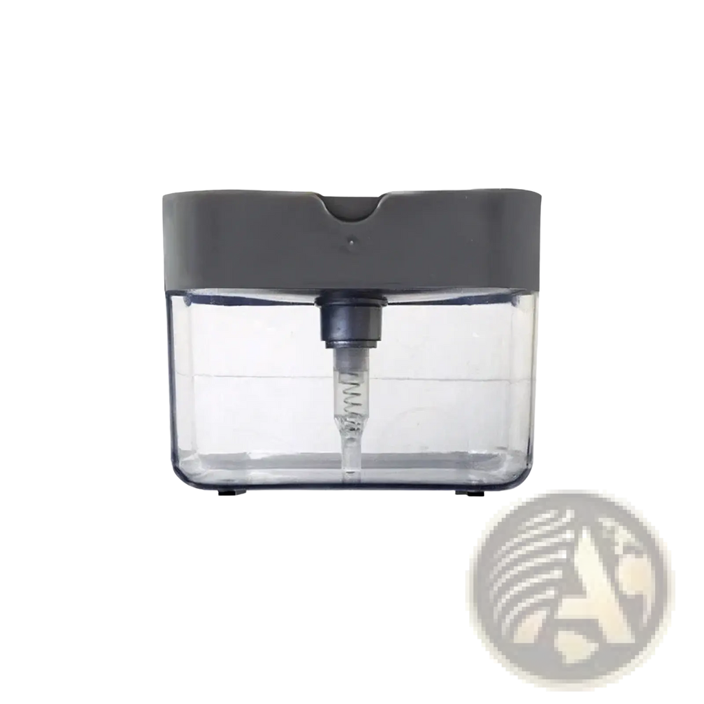 Gray and transparent plastic soap dispenser pump with sleek modern design and integrated sponge caddy for kitchen use