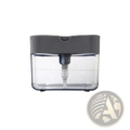 Gray and transparent plastic soap dispenser pump with sleek modern design and integrated sponge caddy for kitchen use