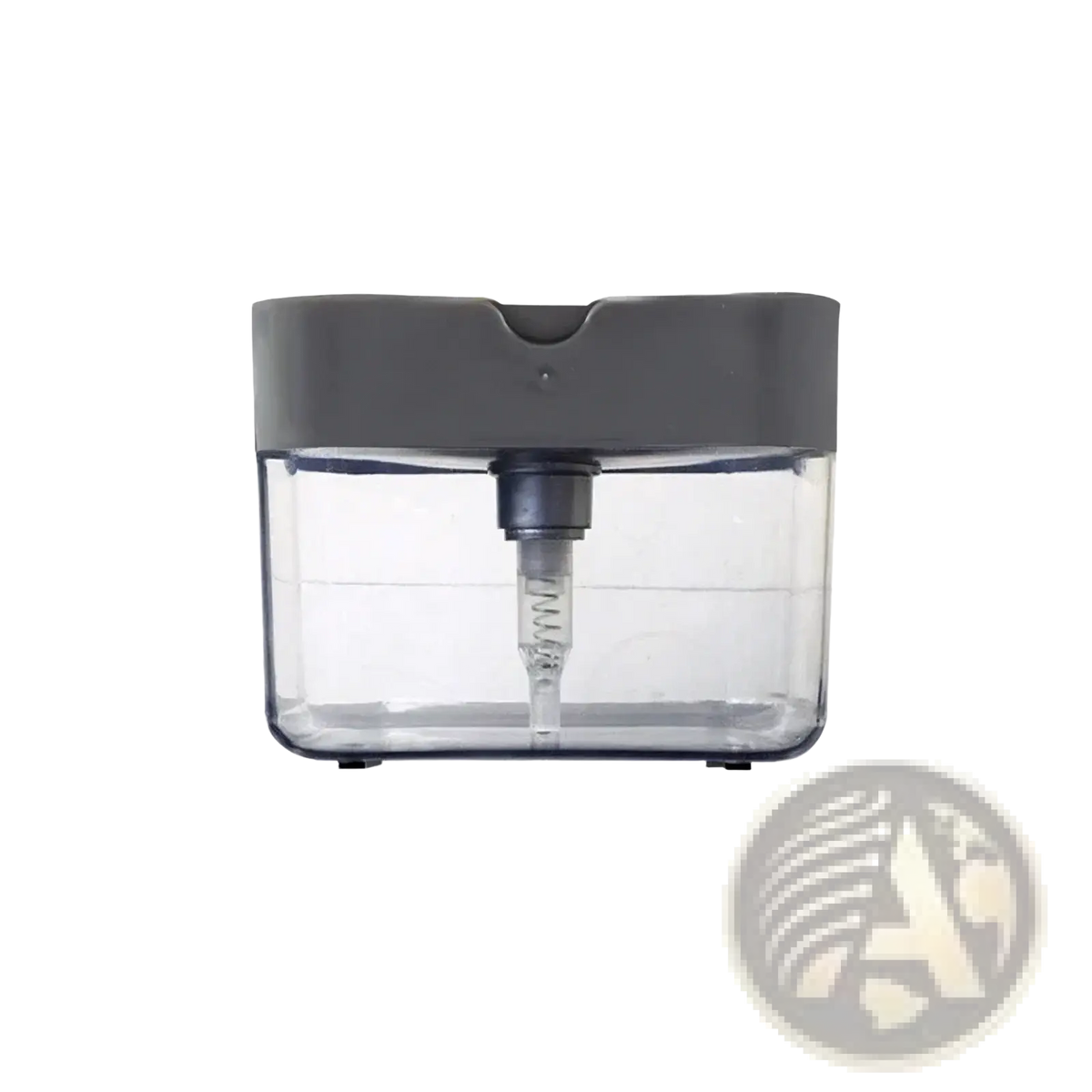 Gray and transparent plastic soap dispenser pump with sleek modern design and integrated sponge caddy for kitchen use