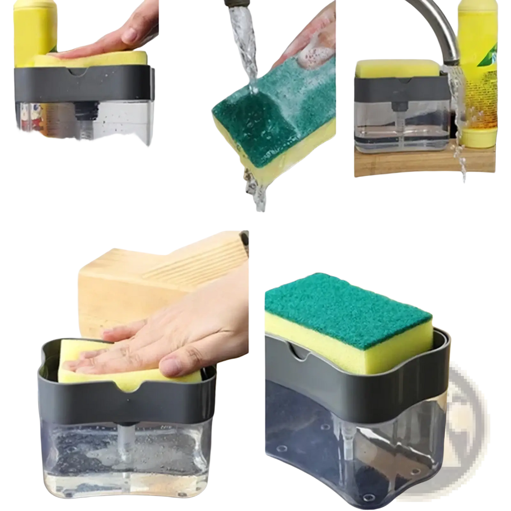 Soap dispenser pump with two-toned green abrasive and yellow foam sponge fitting into a clear plastic caddy