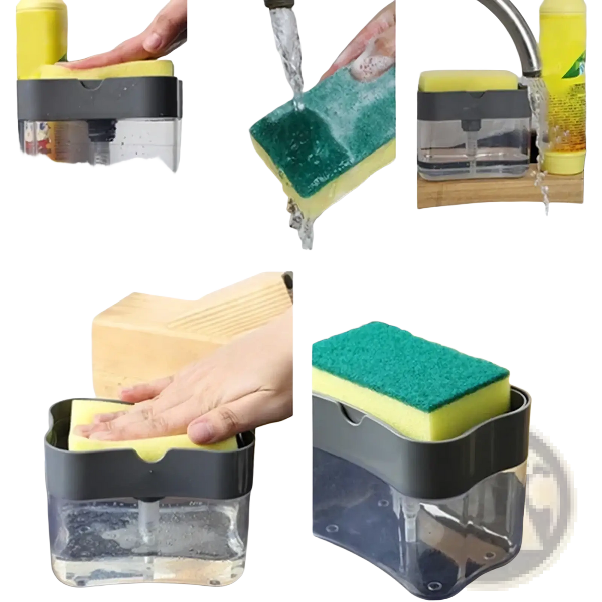 Soap dispenser pump with two-toned green abrasive and yellow foam sponge fitting into a clear plastic caddy
