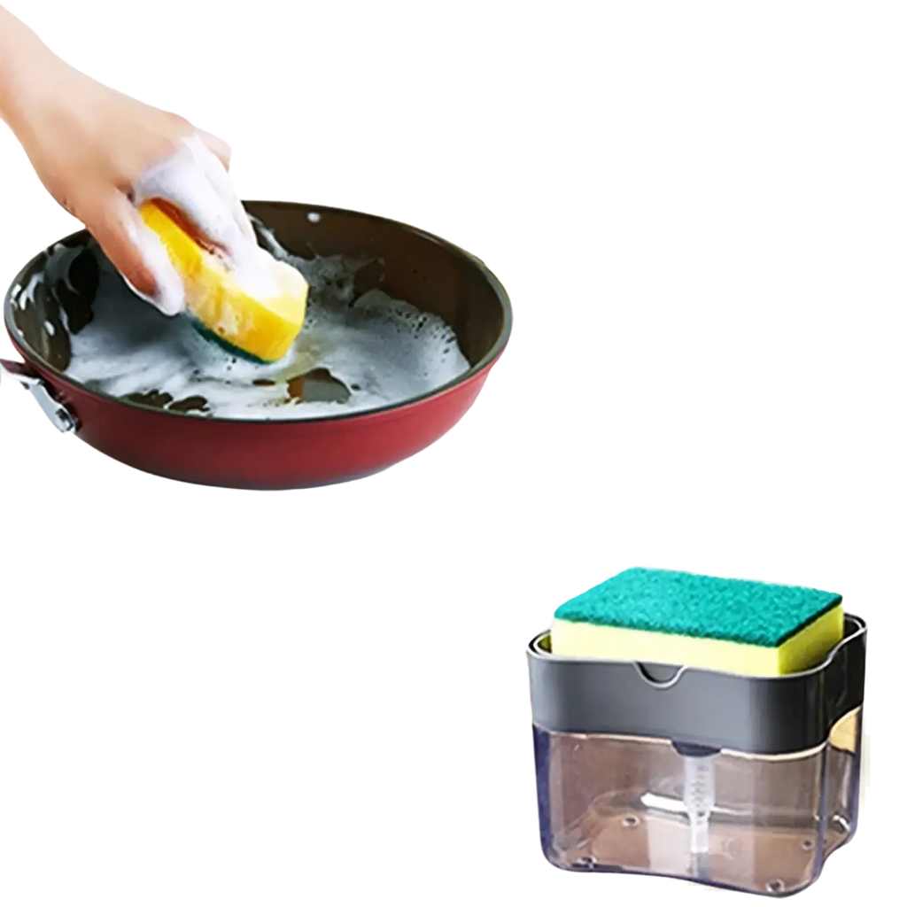 Soap dispenser pump with yellow and green sponge caddy in black and transparent container for convenient cleaning