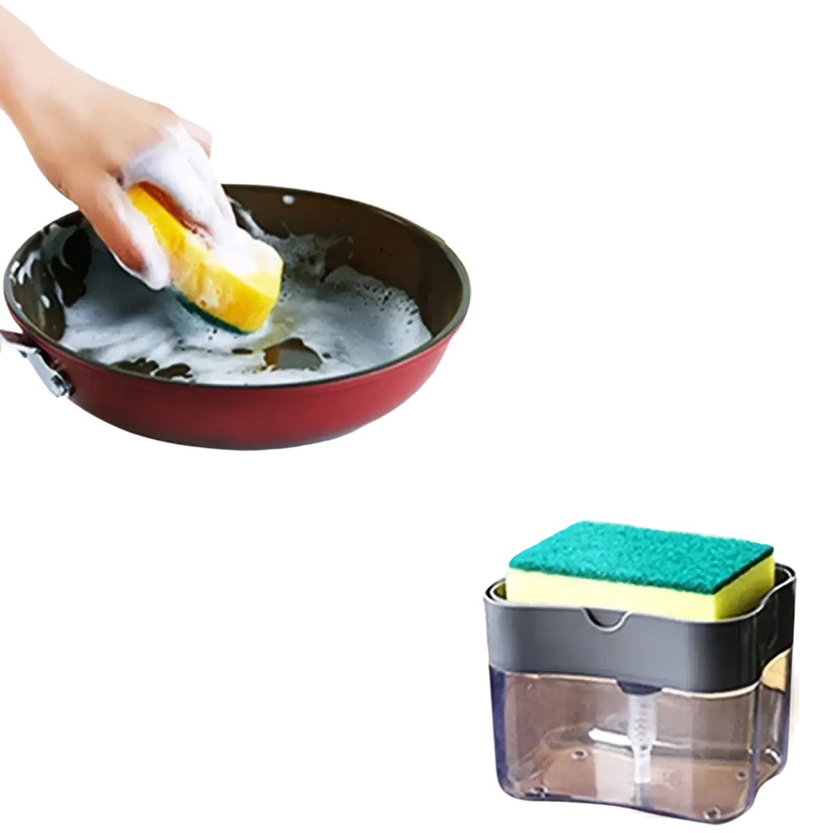Soap dispenser pump with yellow and green sponge caddy in black and transparent container for convenient cleaning