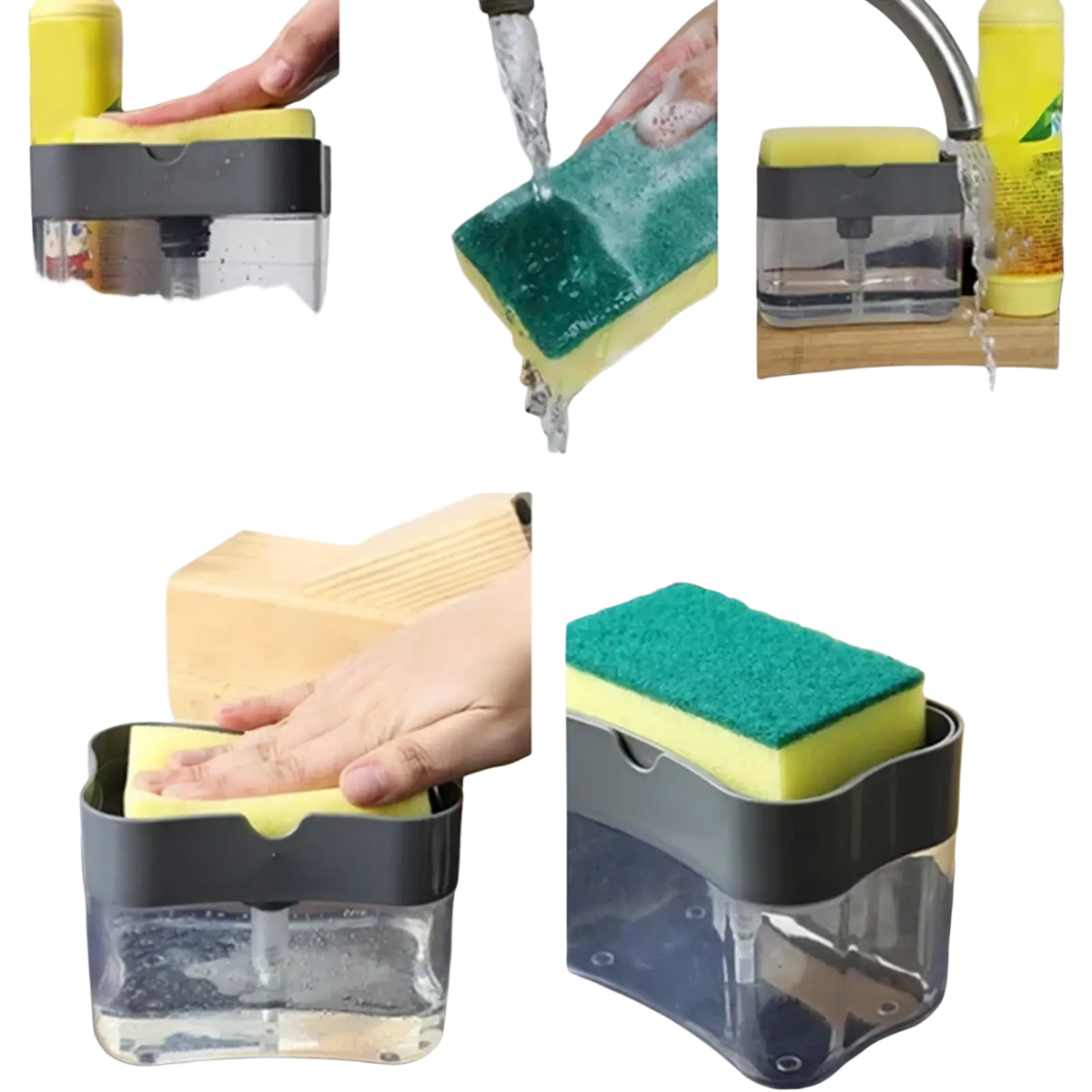 Soap dispenser pump with two-toned green abrasive and yellow foam sponge fitting into a clear plastic caddy