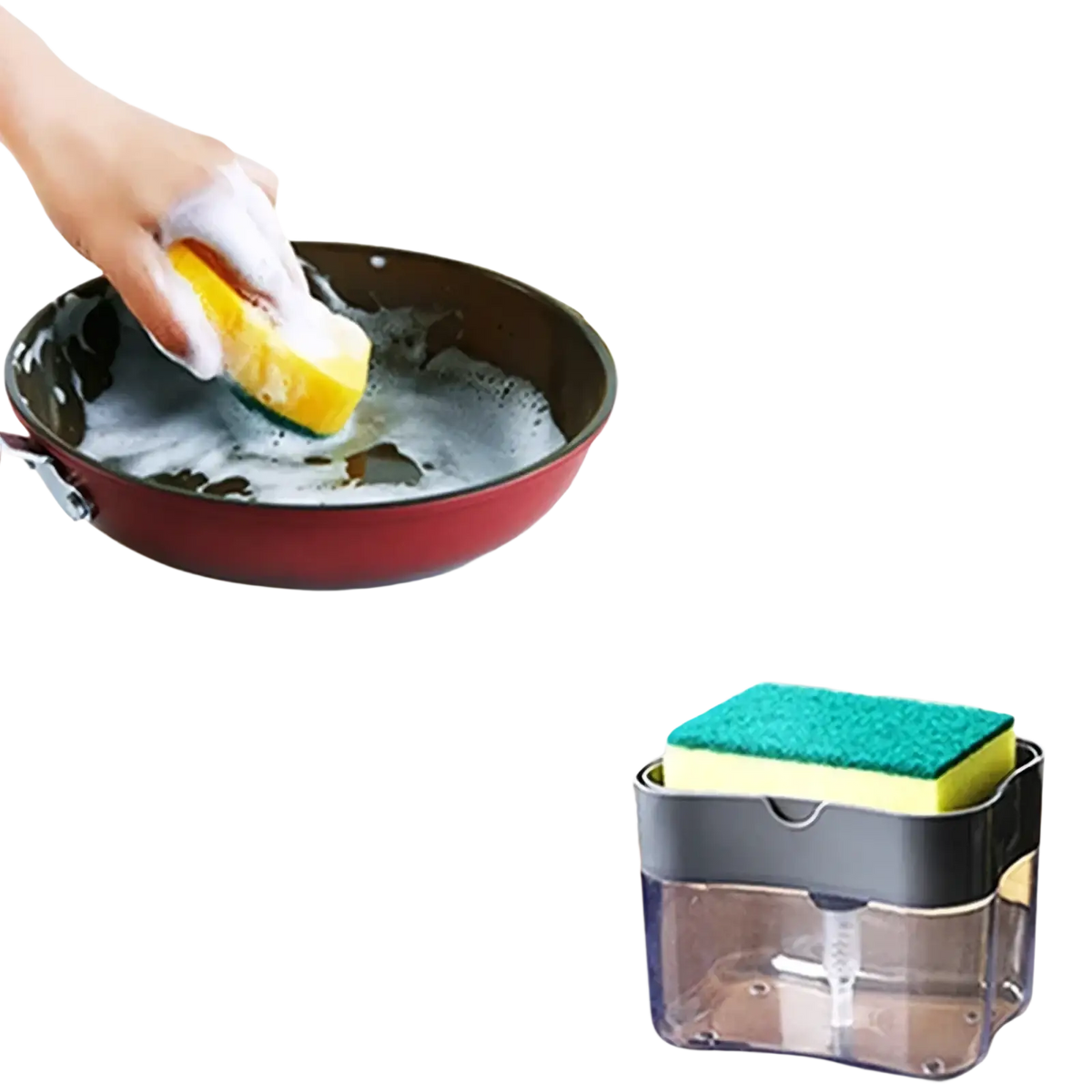 Soap dispenser pump with yellow and green sponge caddy in black and transparent container for convenient cleaning