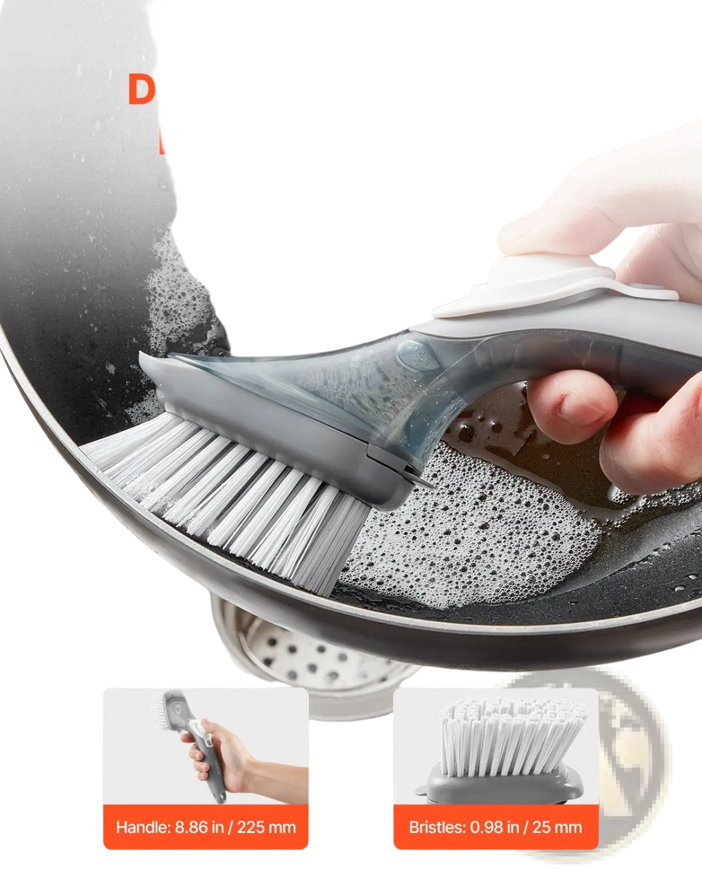 Gray and white silicone-handled soap dispensing dish brush with dense stiff bristles for deep cleaning non-stick pans