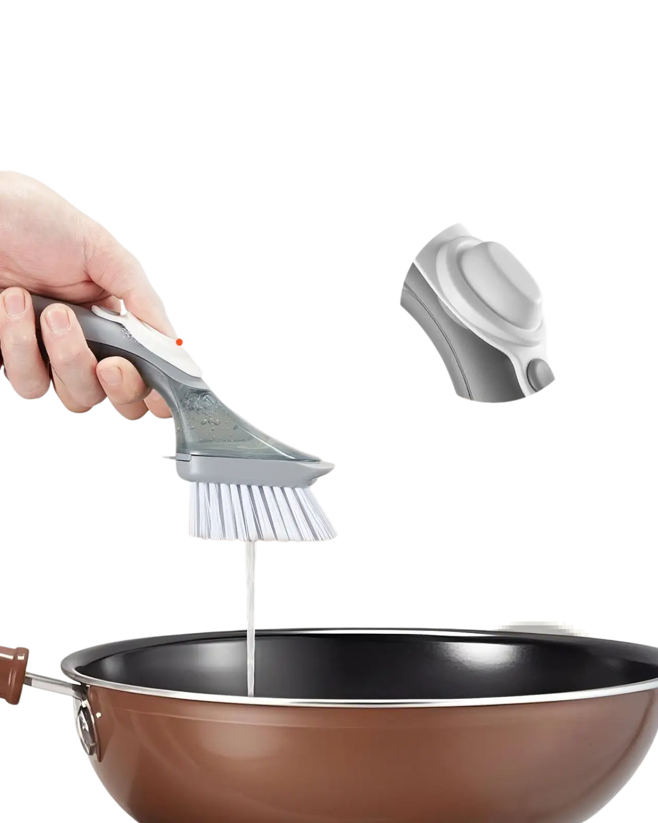 Gray and white soap dispensing dish brush with one-button liquid dispenser and soft scrubber bristles for cleaning