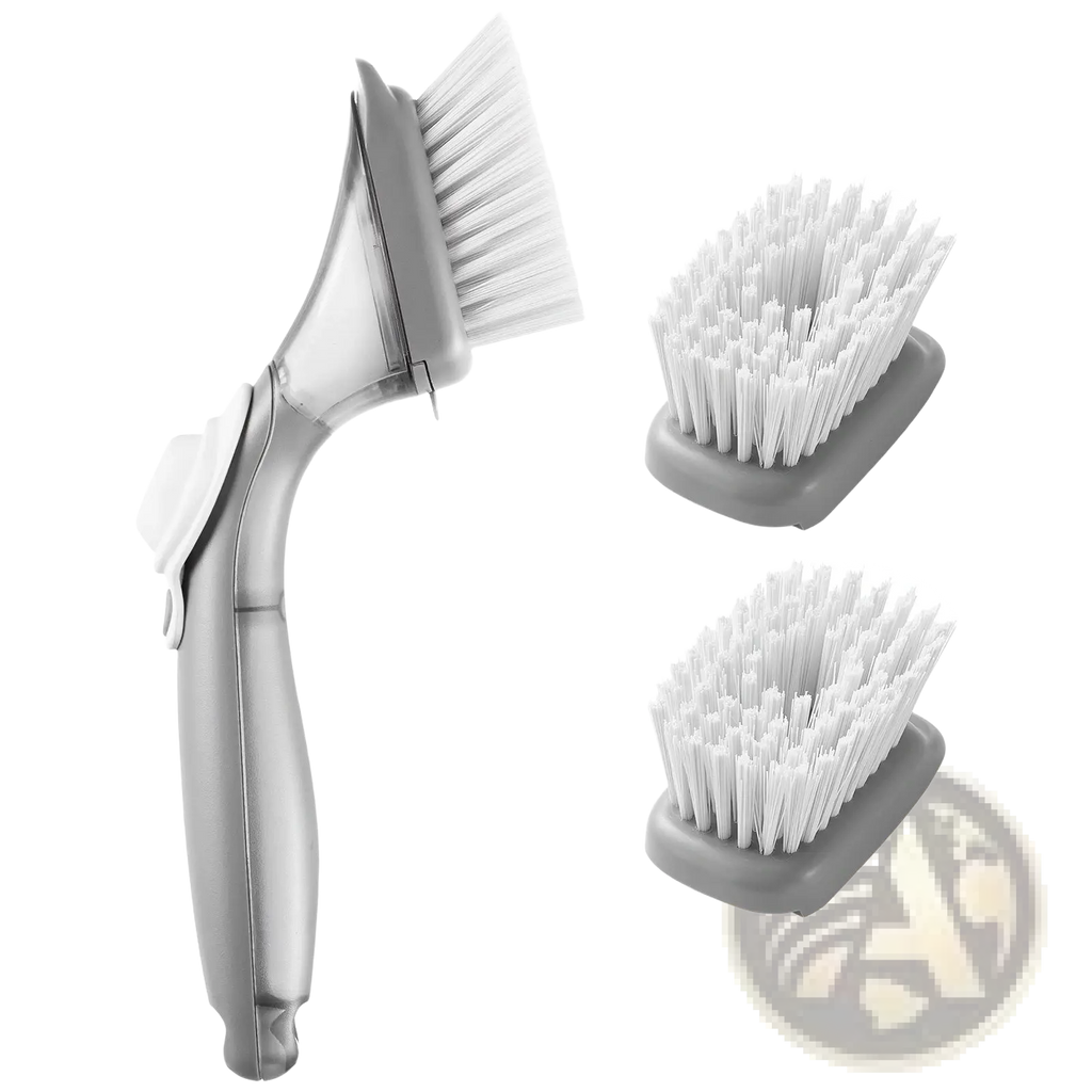 Gray plastic soap dispensing dish brush with white bristles and two interchangeable gray scrubber heads for cleaning