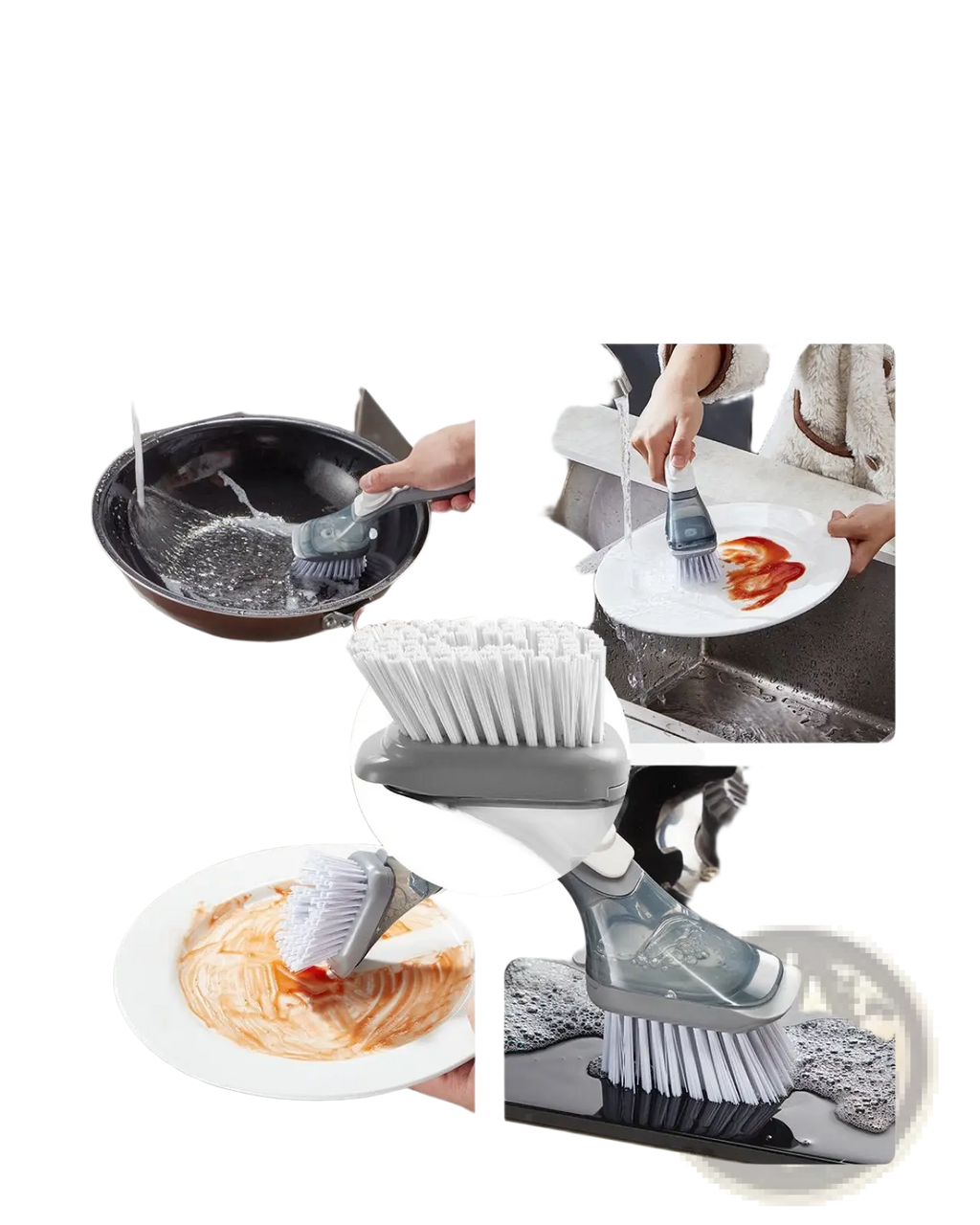 Gray and white 2-in-1 brush head with dual-sided bristles for scraping and brushing kitchen surfaces