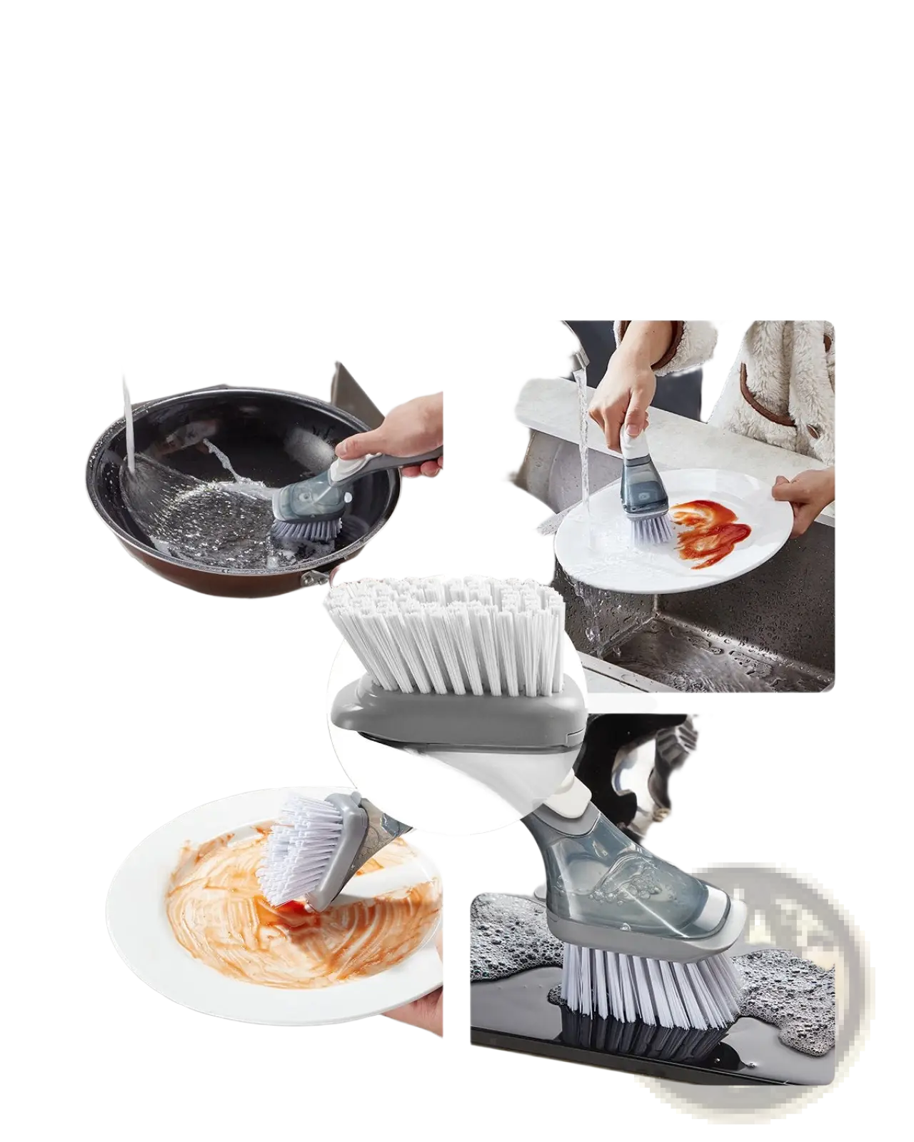 Gray and white 2-in-1 brush head with dual-sided bristles for scraping and brushing kitchen surfaces