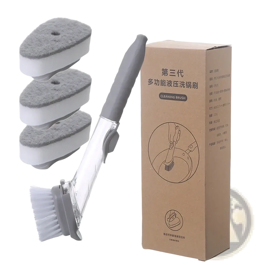 Soap dispensing dish brush with long gray handle white bristles clear plastic body and three gray sponge pads