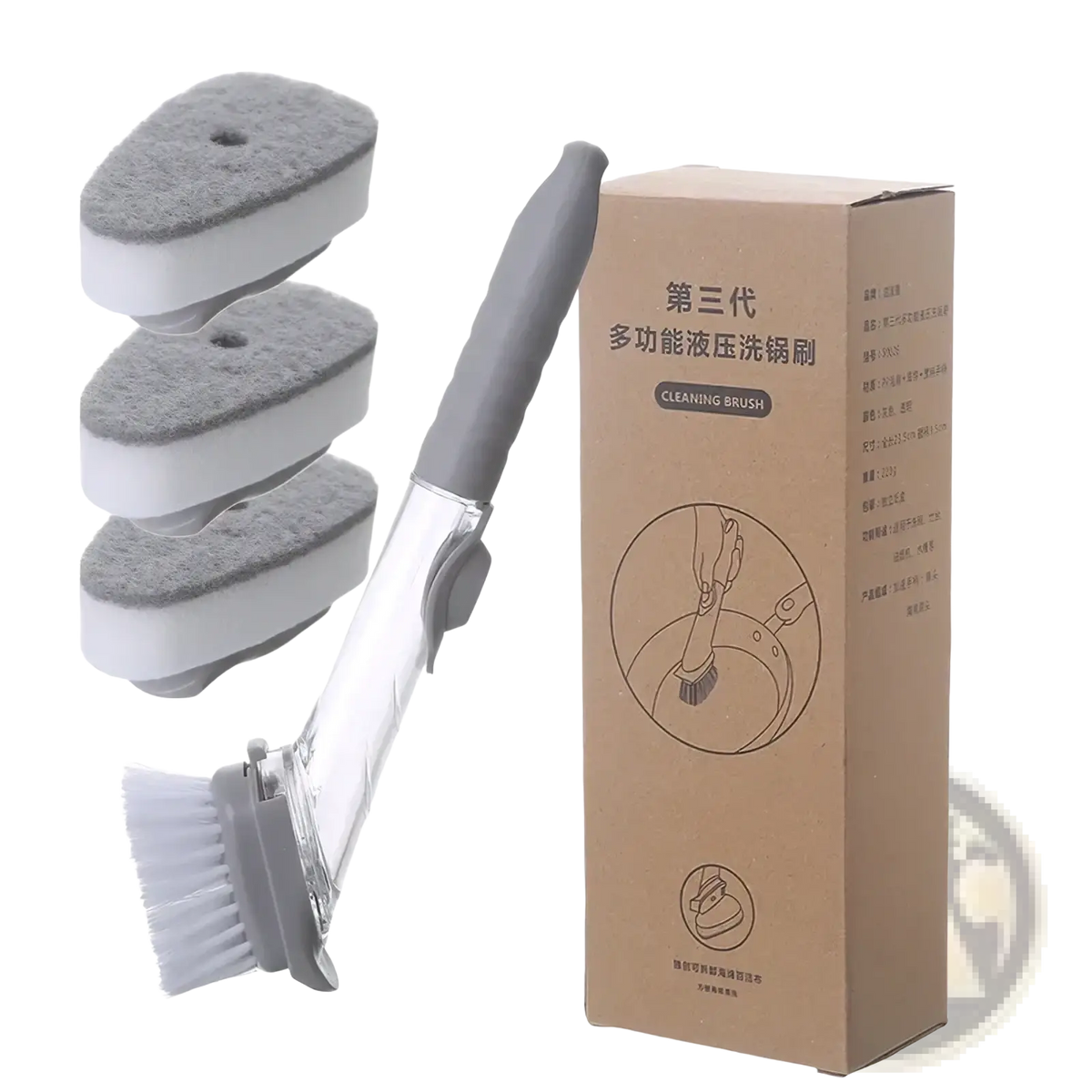 Soap dispensing dish brush with long gray handle white bristles clear plastic body and three gray sponge pads