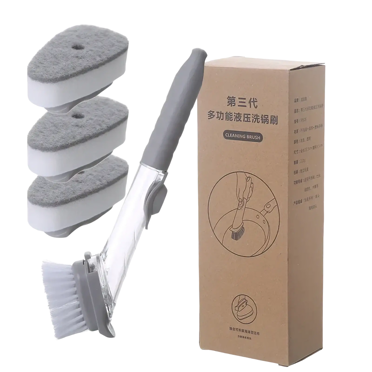 Soap dispensing dish brush with long gray handle white bristles clear plastic body and three gray sponge pads