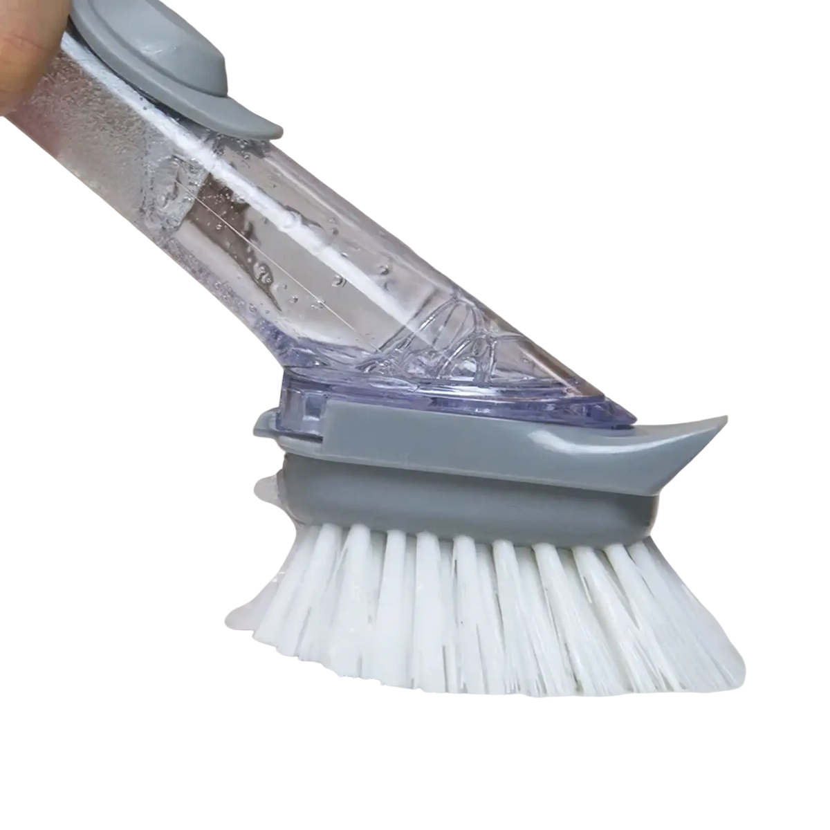 Soap dispensing dish brush with long handle in gray and transparent plastic with white bristles and built-in soap reservoir