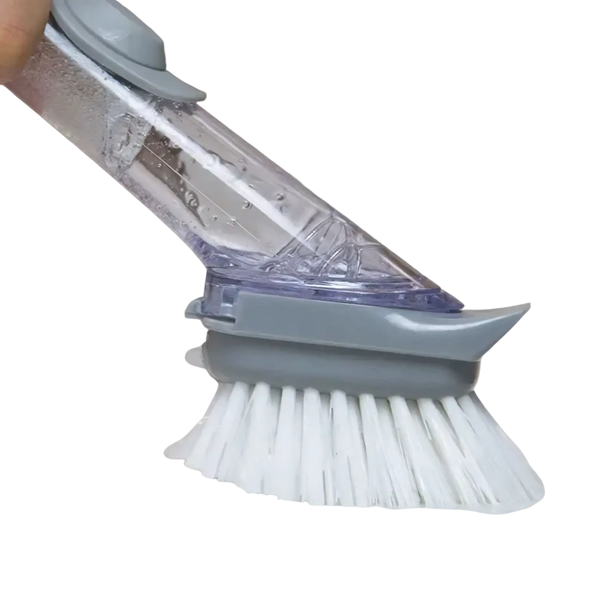 Soap dispensing dish brush with long handle in gray and transparent plastic with white bristles for efficient cleaning