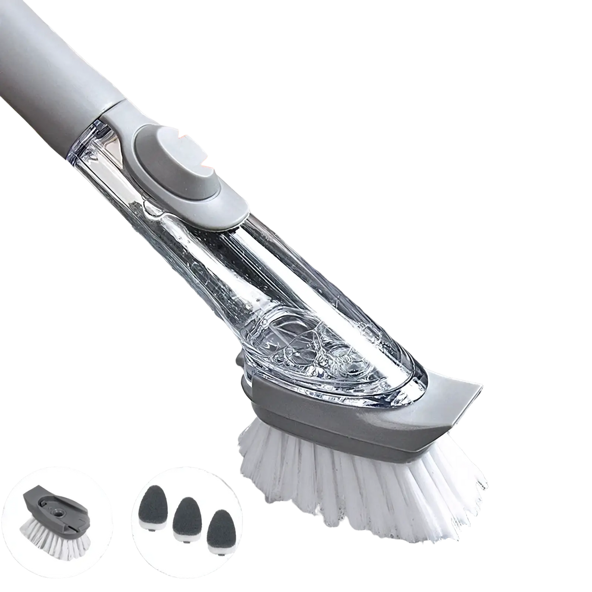 Soap dispensing dish brush with long handle in gray and transparent plastic with white bristles and press-button water release