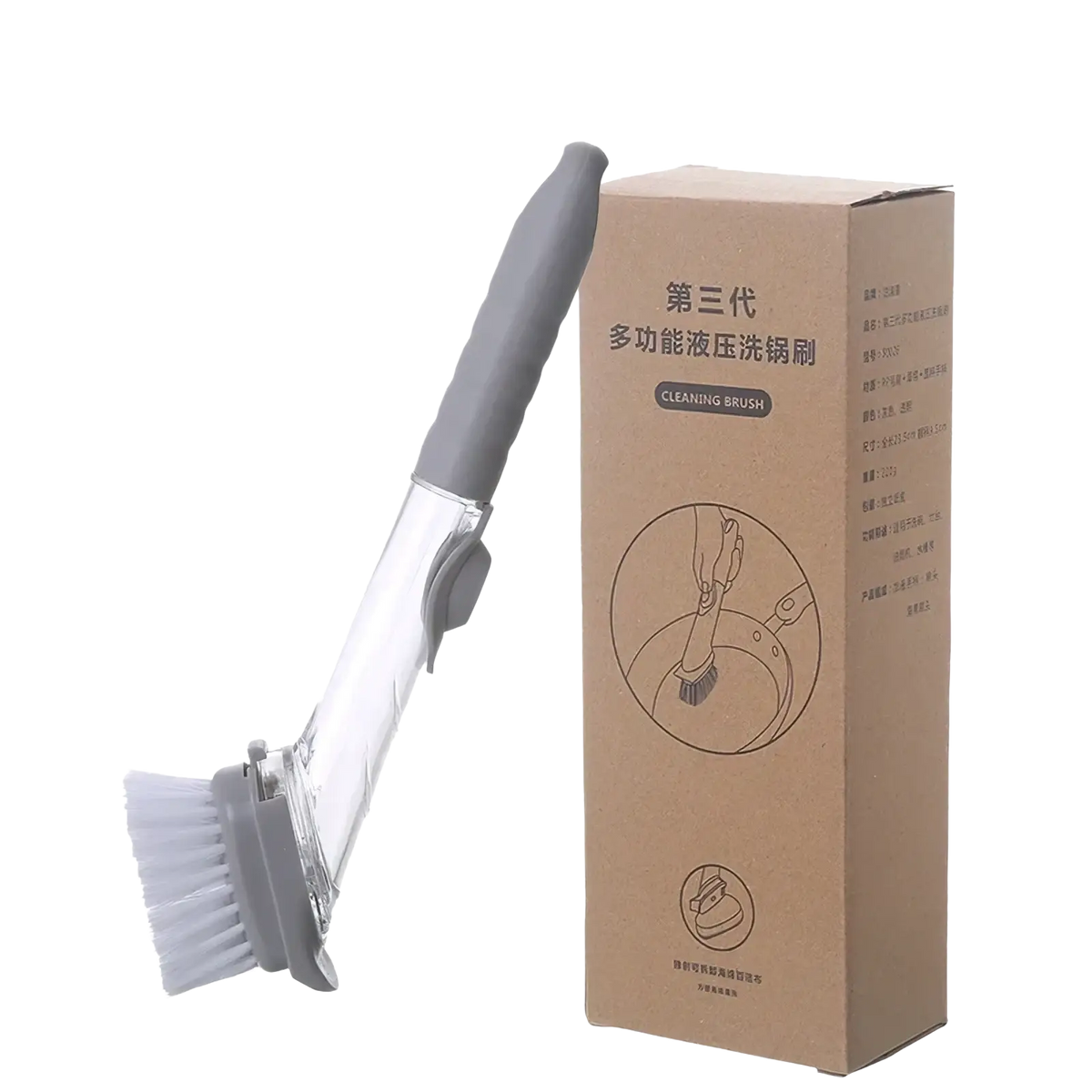Gray and transparent handheld soap dispensing dish brush with white bristles and long handle for washing pots and pans