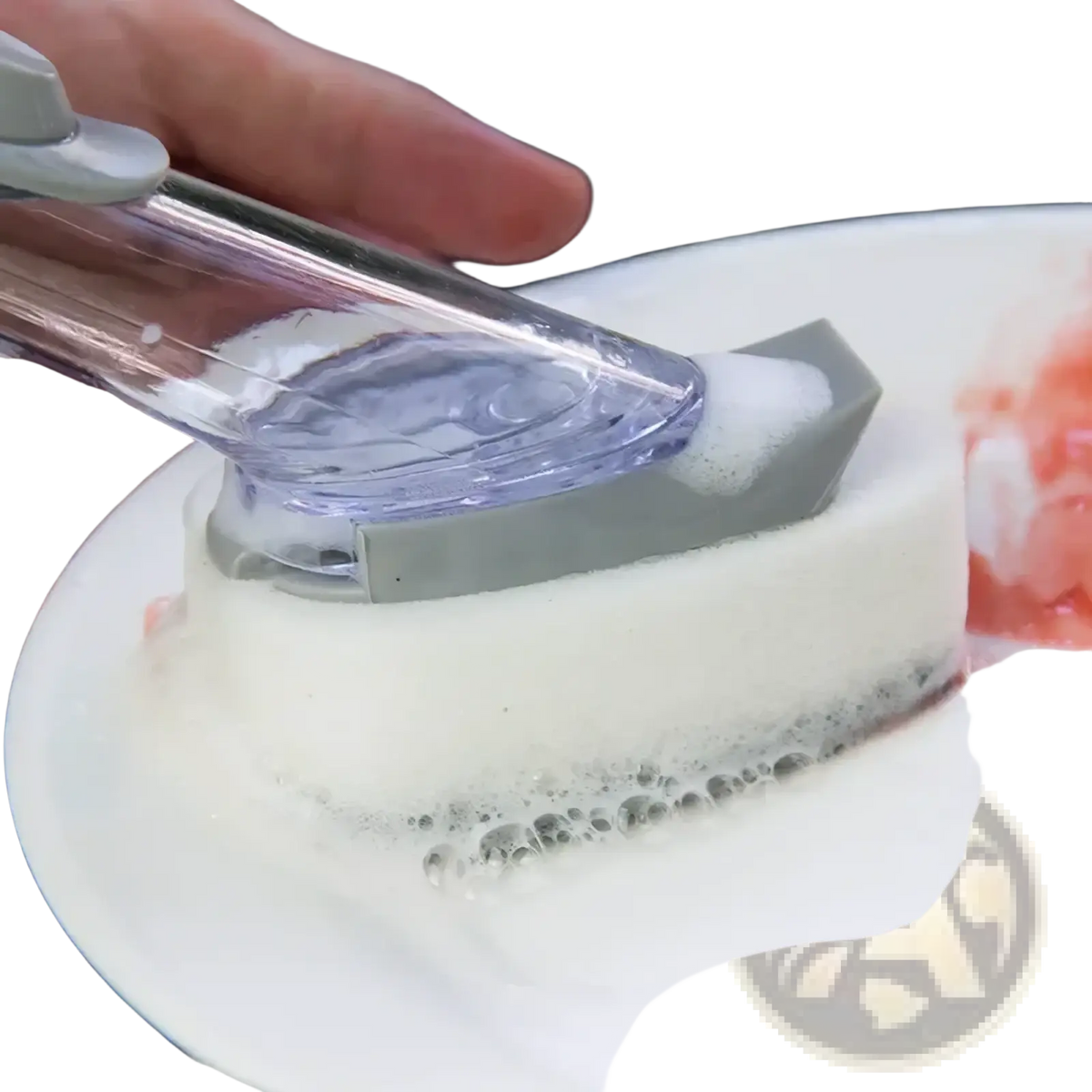 Gray and transparent plastic soap dispensing dish brush with long handle and textured sponge-like scrubber surface