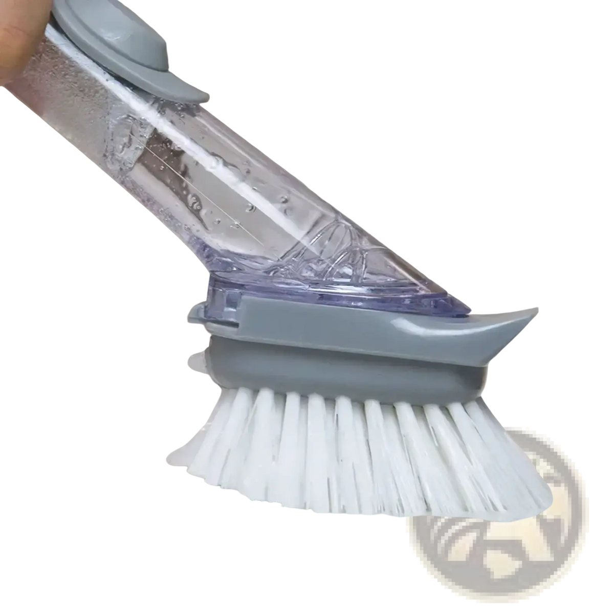 Soap dispensing dish brush with long handle in gray and transparent plastic with white bristles for efficient cleaning