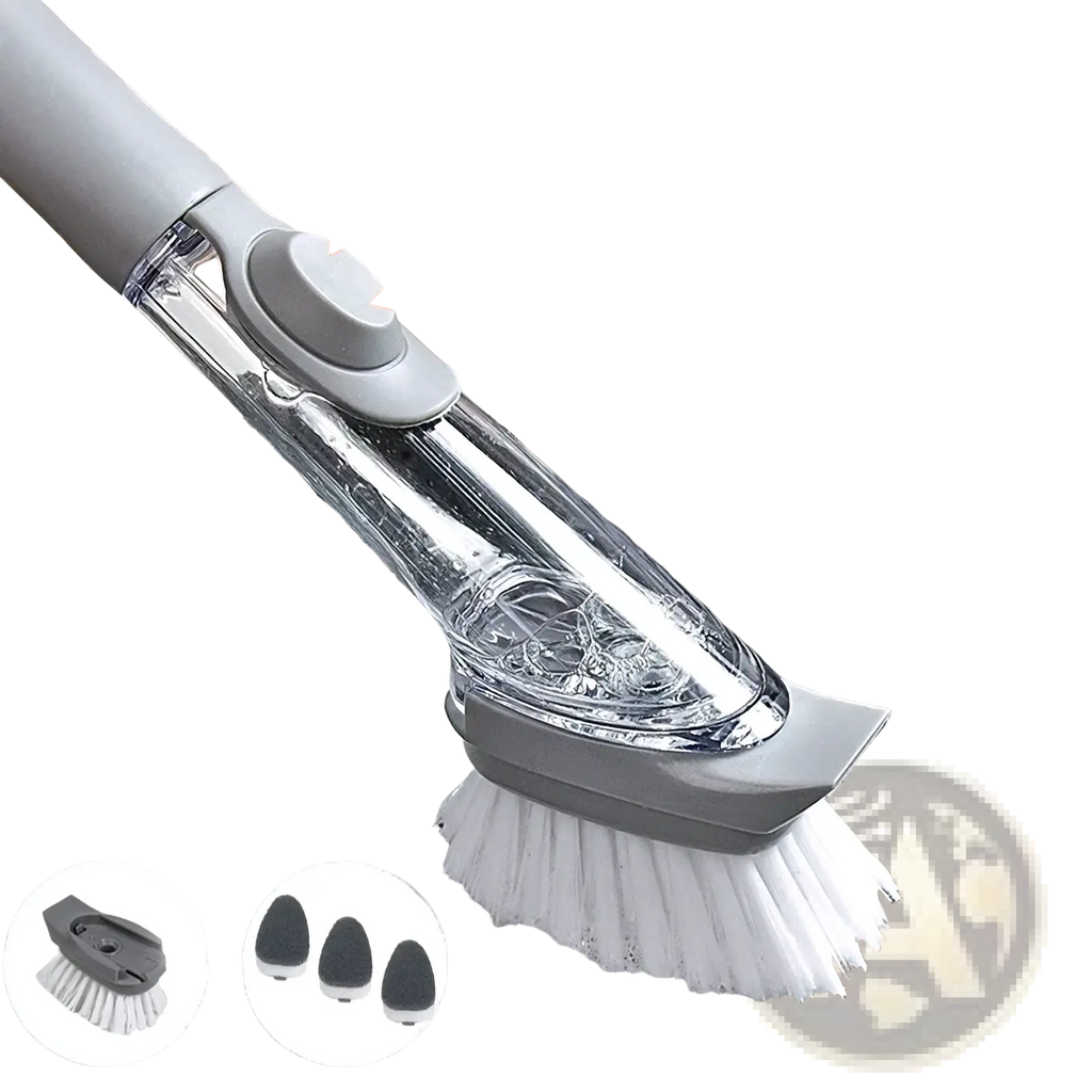 Gray and transparent self-priming soap dispensing dish brush with white bristles and press-button soap release