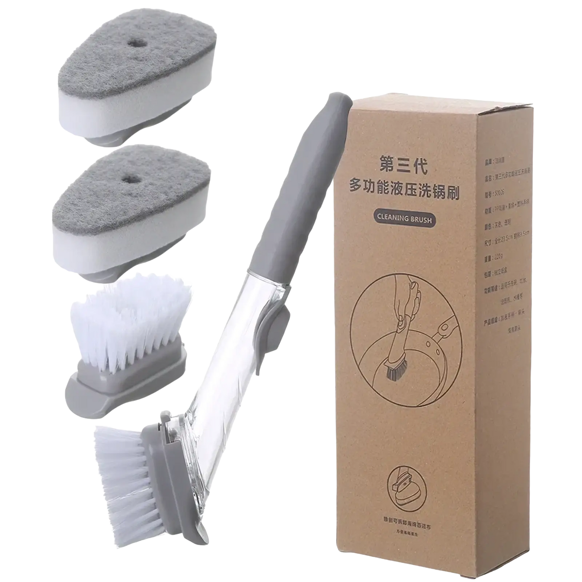 Gray and white soap dispensing dish brush with long handle and interchangeable liquid pressure cleaning scrubbing heads
