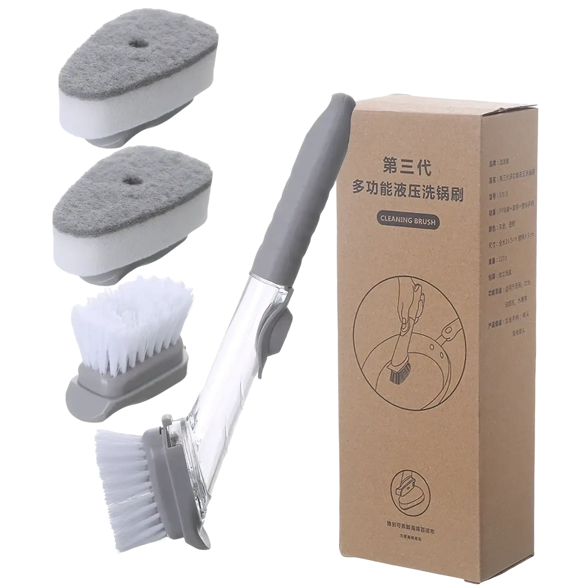 Gray and white soap dispensing dish brush set with long handle includes sponge pads and bristle brushes for pressure washing