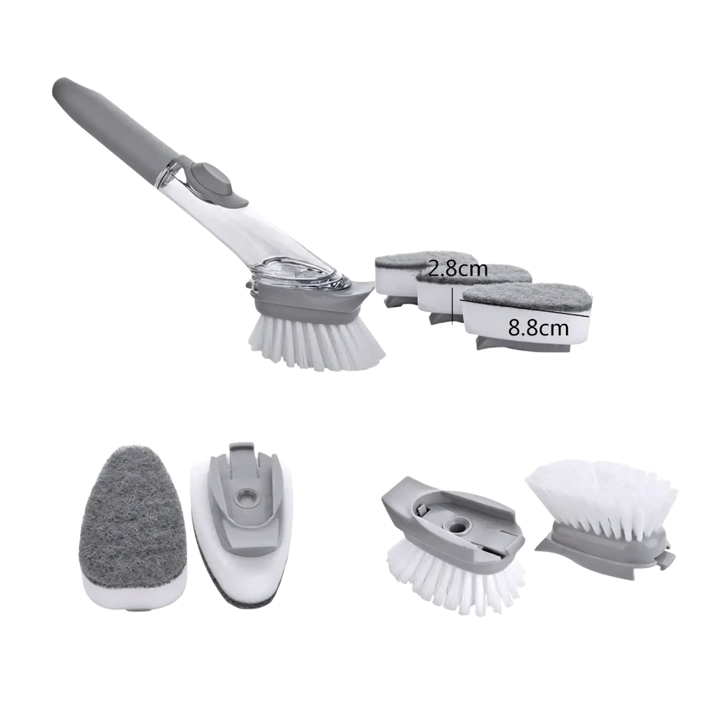 Gray and white soap dispensing dish brush set with long handle and interchangeable scrubbing heads for kitchen cleaning tasks