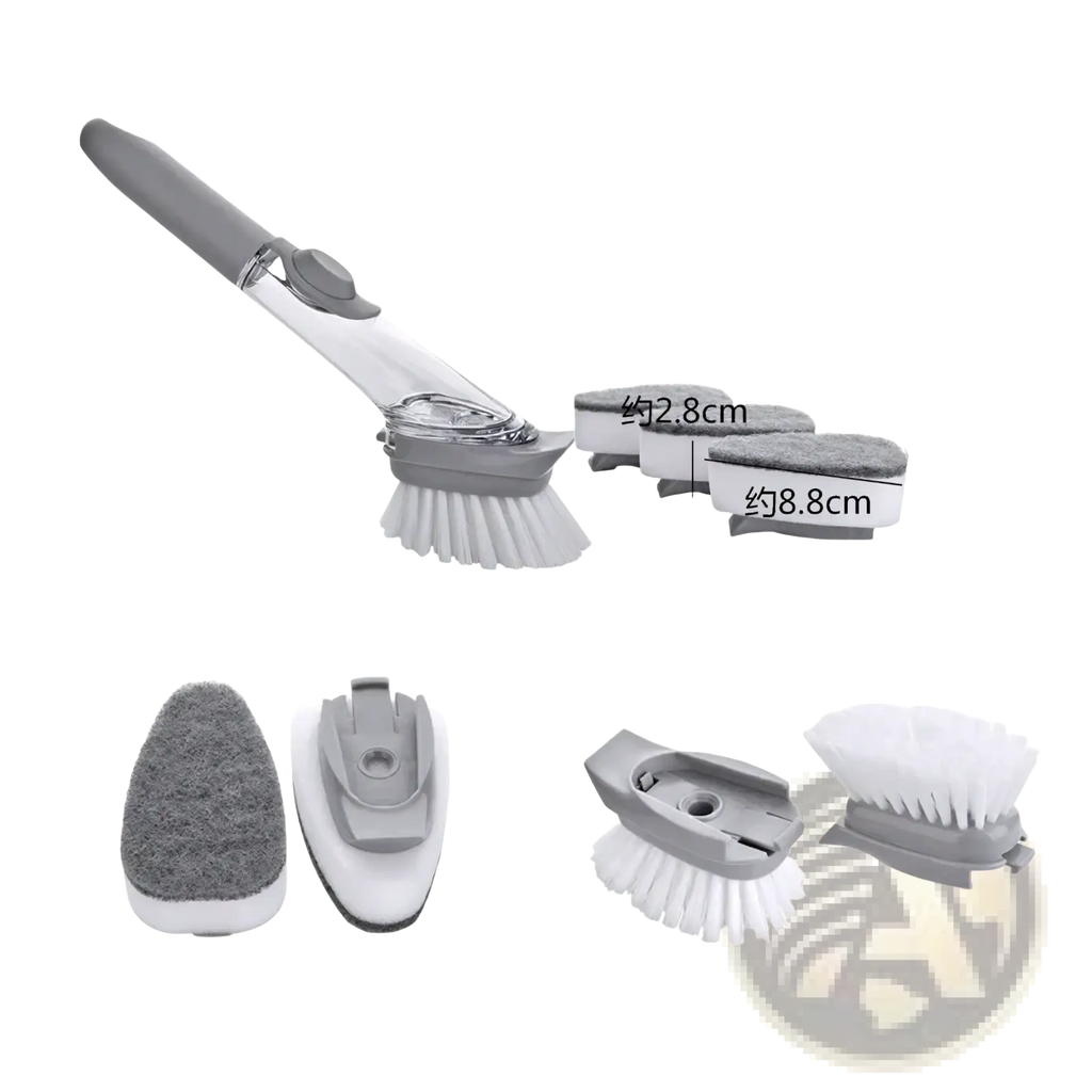 Gray and white soap dispensing dish brush set with long handle and interchangeable scrubbing heads for efficient cleaning