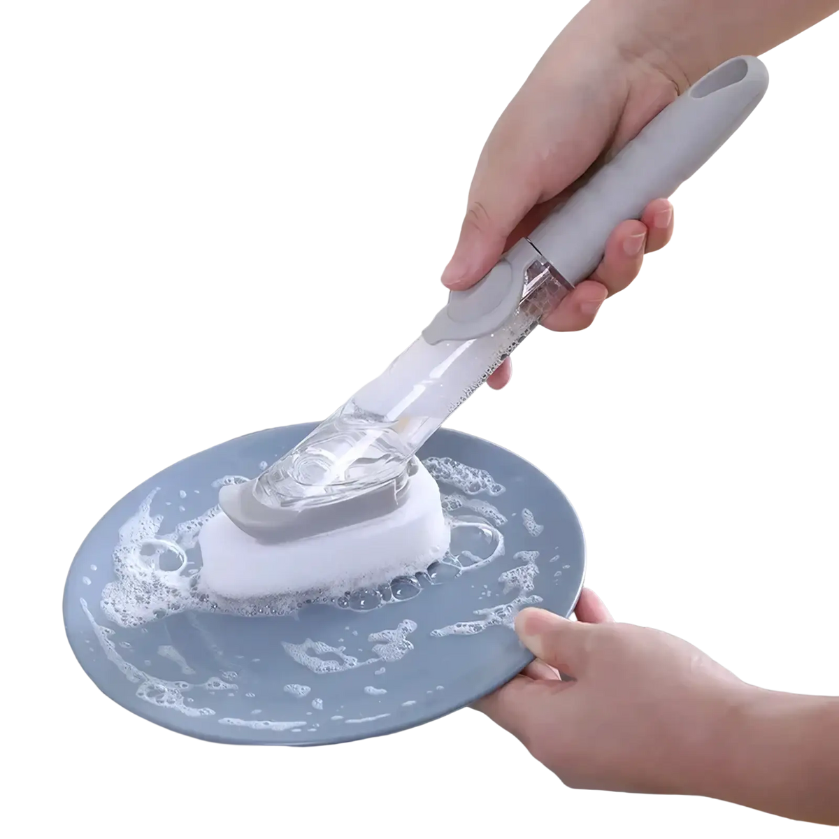 Gray and white plastic soap dispensing dish brush with sponge head and long handle scrubbing a blue plate