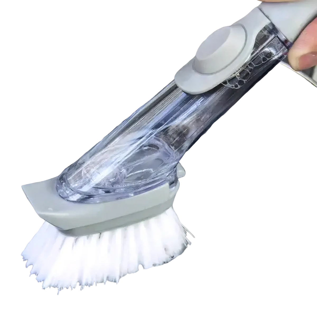 Soap dispensing dish brush with long transparent gray handle and white bristles featuring built-in soap dispenser