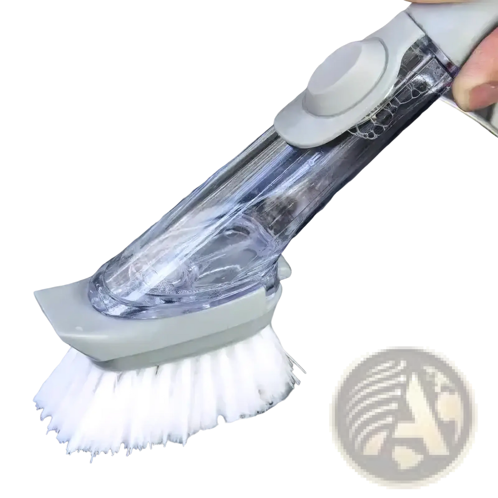 Soap dispensing dish brush with long transparent gray handle and white bristles featuring built-in soap dispenser