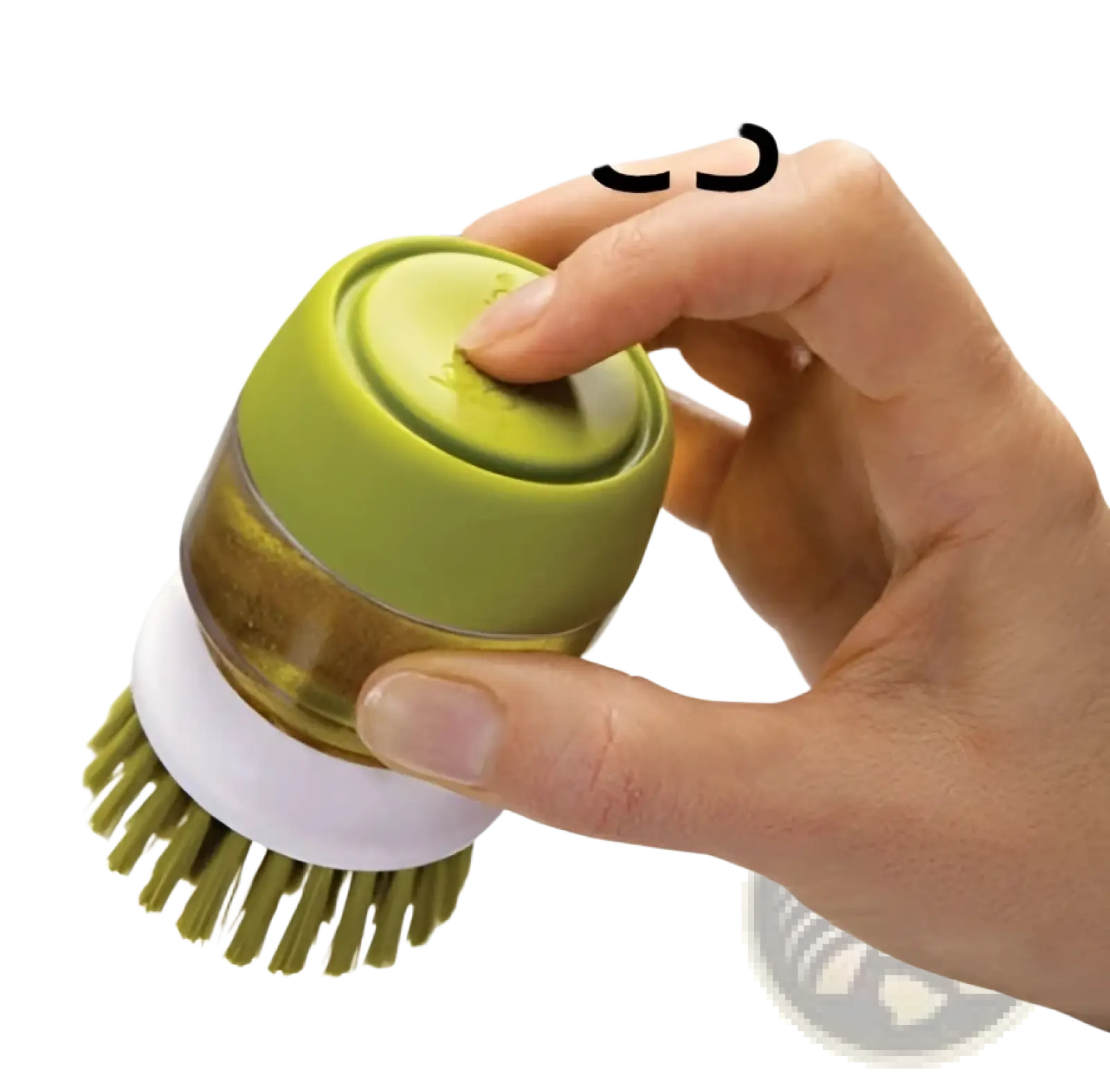 Soap dispensing dish brush in green and white with clear reservoir cap and non slip storage base for easy cleaning