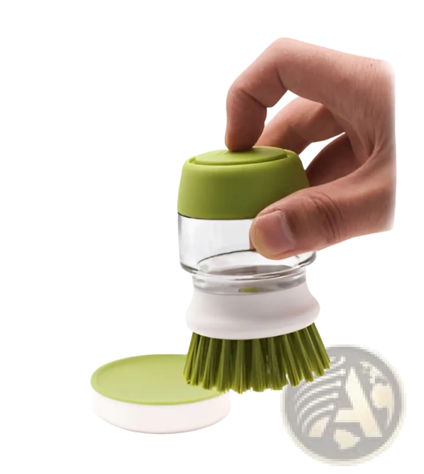 Soap dispensing dish brush with green bristles clear glass container and white non slip plastic storage base for kitchen cleaning