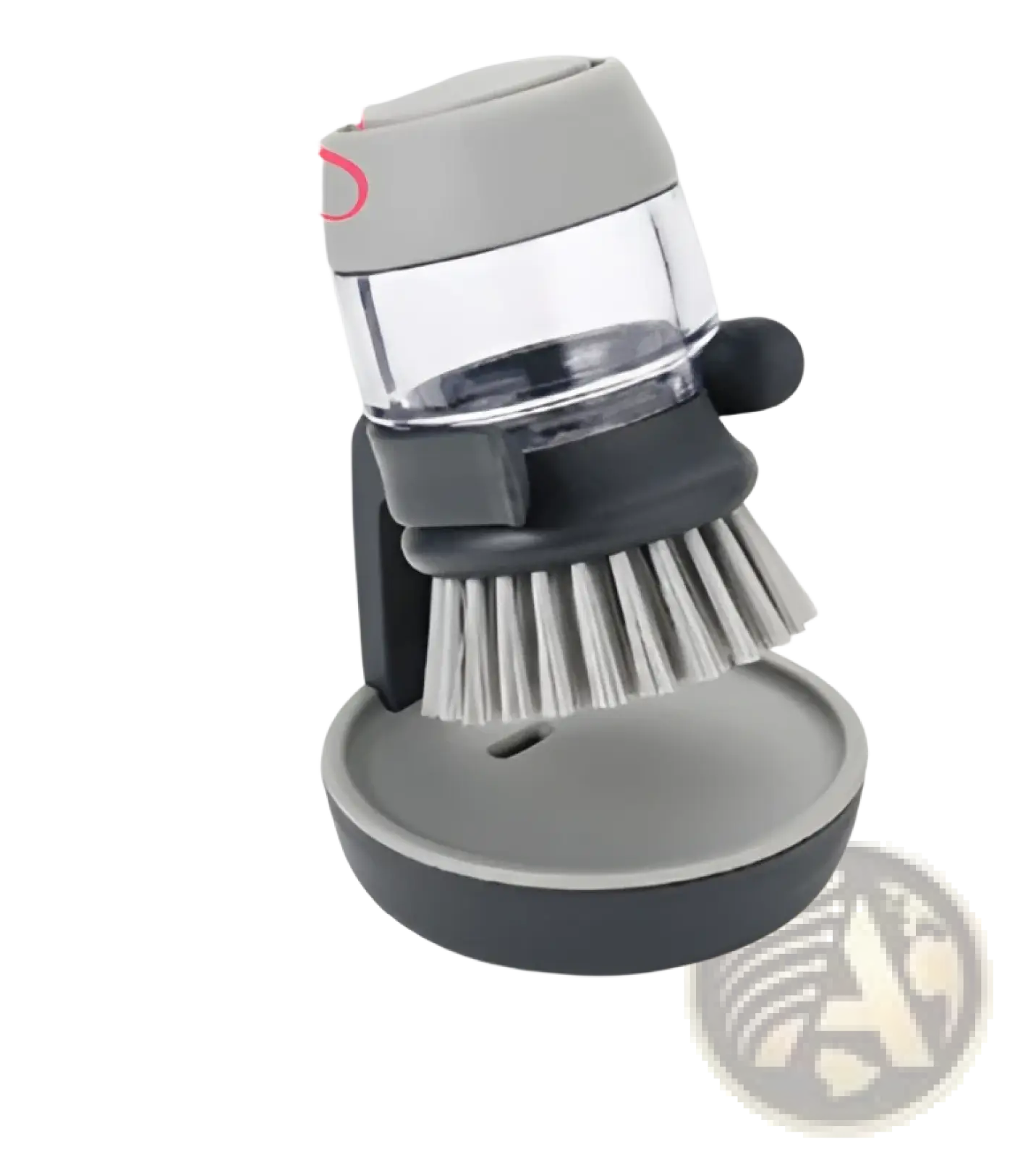 Gray and black plastic soap dispensing dish brush with non slip storage base and clear cylindrical container for kitchen use