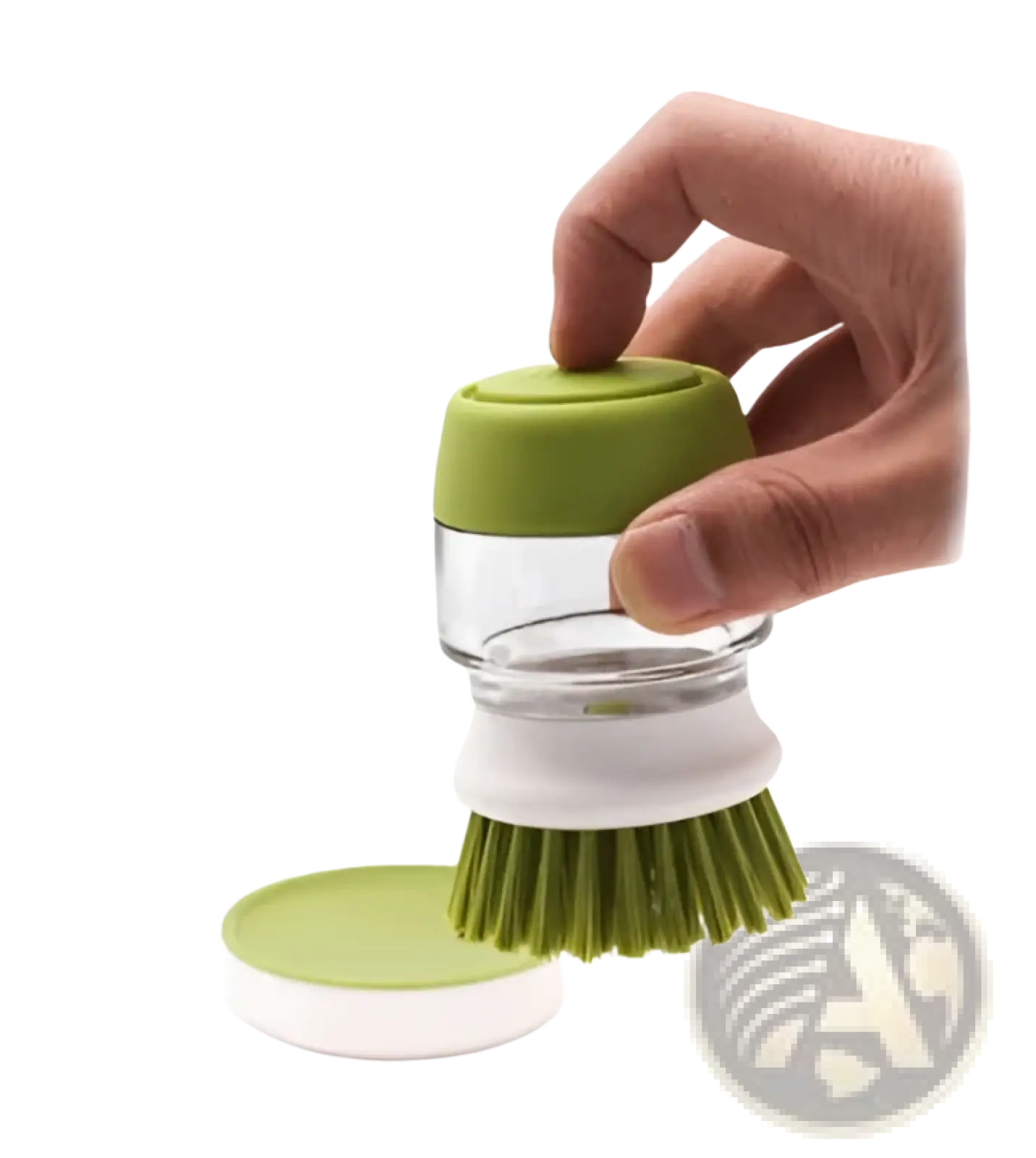 Soap dispensing dish brush with green silicone bristles clear glass reservoir and white non slip storage base for cleaning