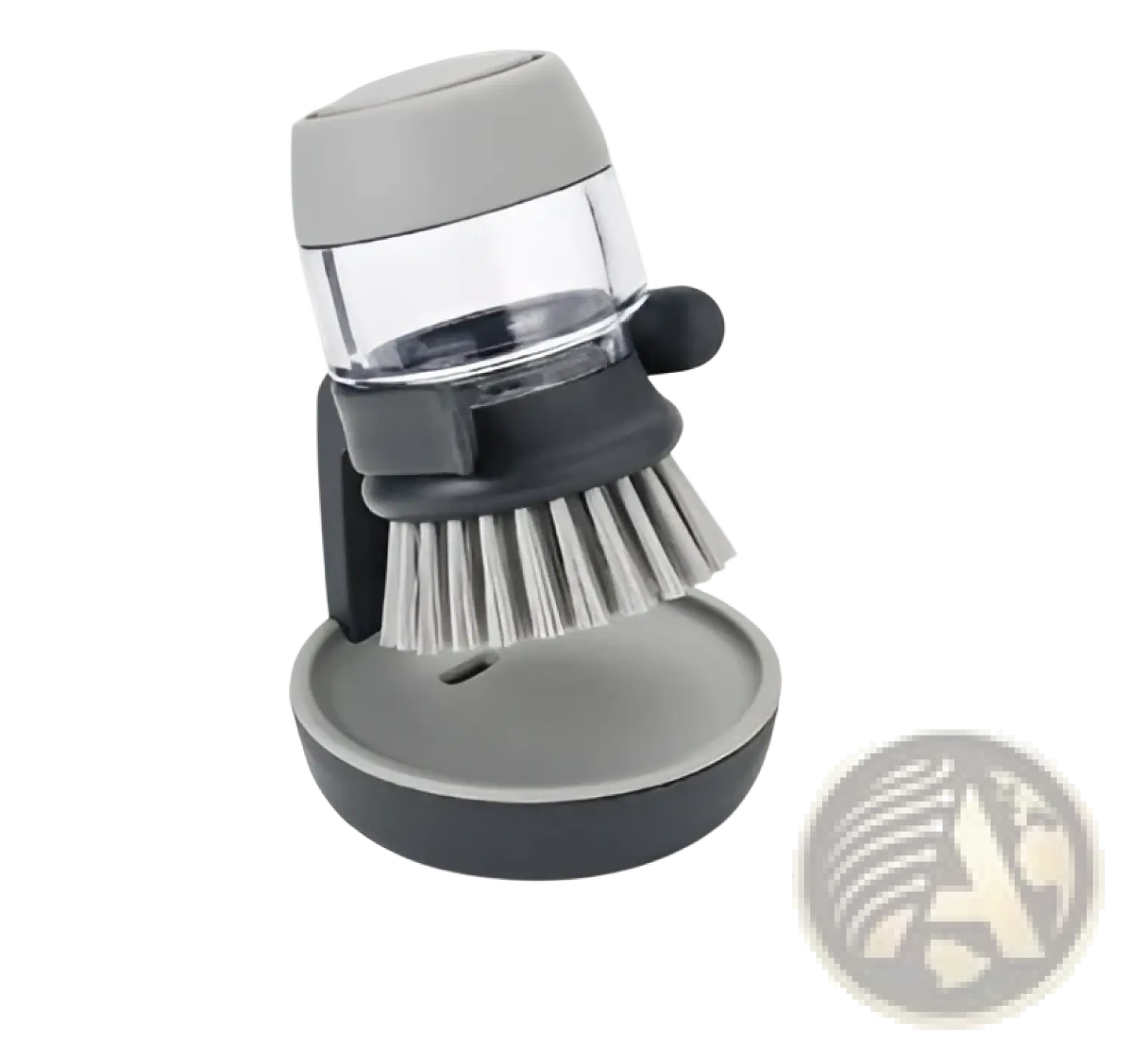 Gray and black plastic soap dispensing dish brush with clear cylindrical container and non slip storage base for kitchen use