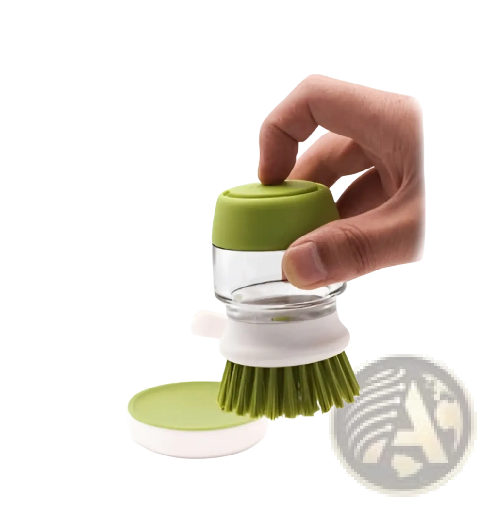 Soap dispensing dish brush with green bristles clear glass container and lime green lid for easy soap dispensing