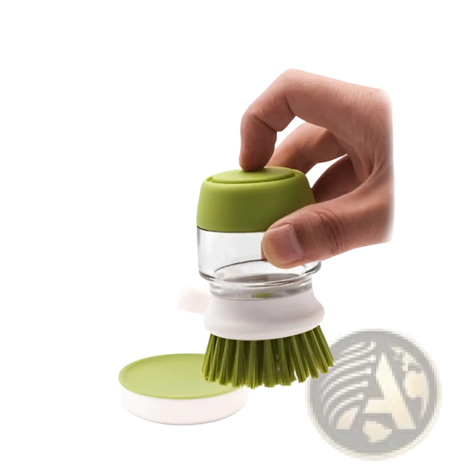 Soap dispensing dish brush with green bristles clear glass container and lime green lid for easy soap dispensing