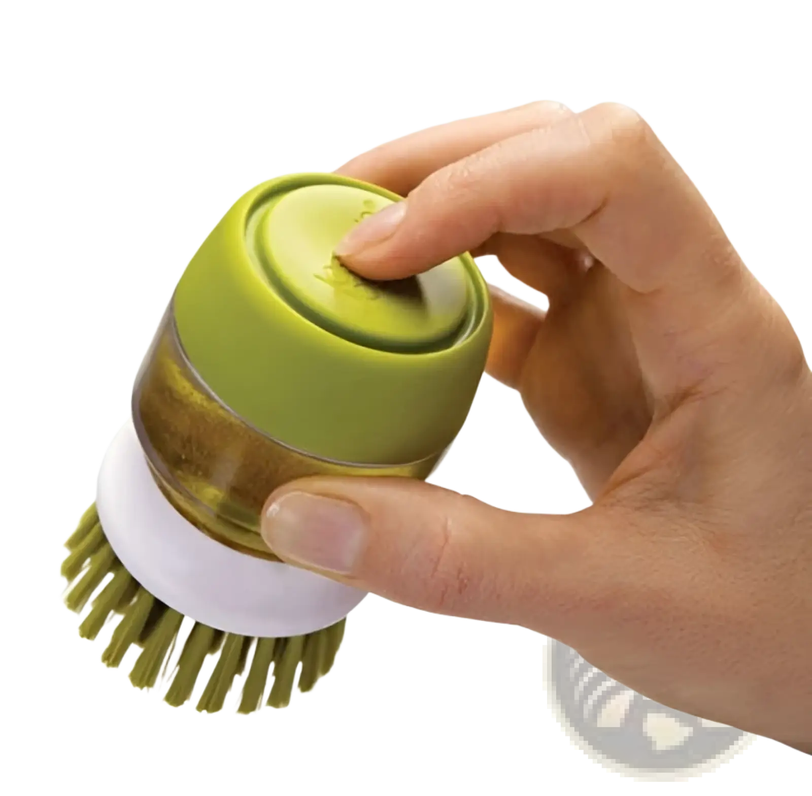 Soap dispensing dish brush in green and white with a non slip storage base and clear olive green cap