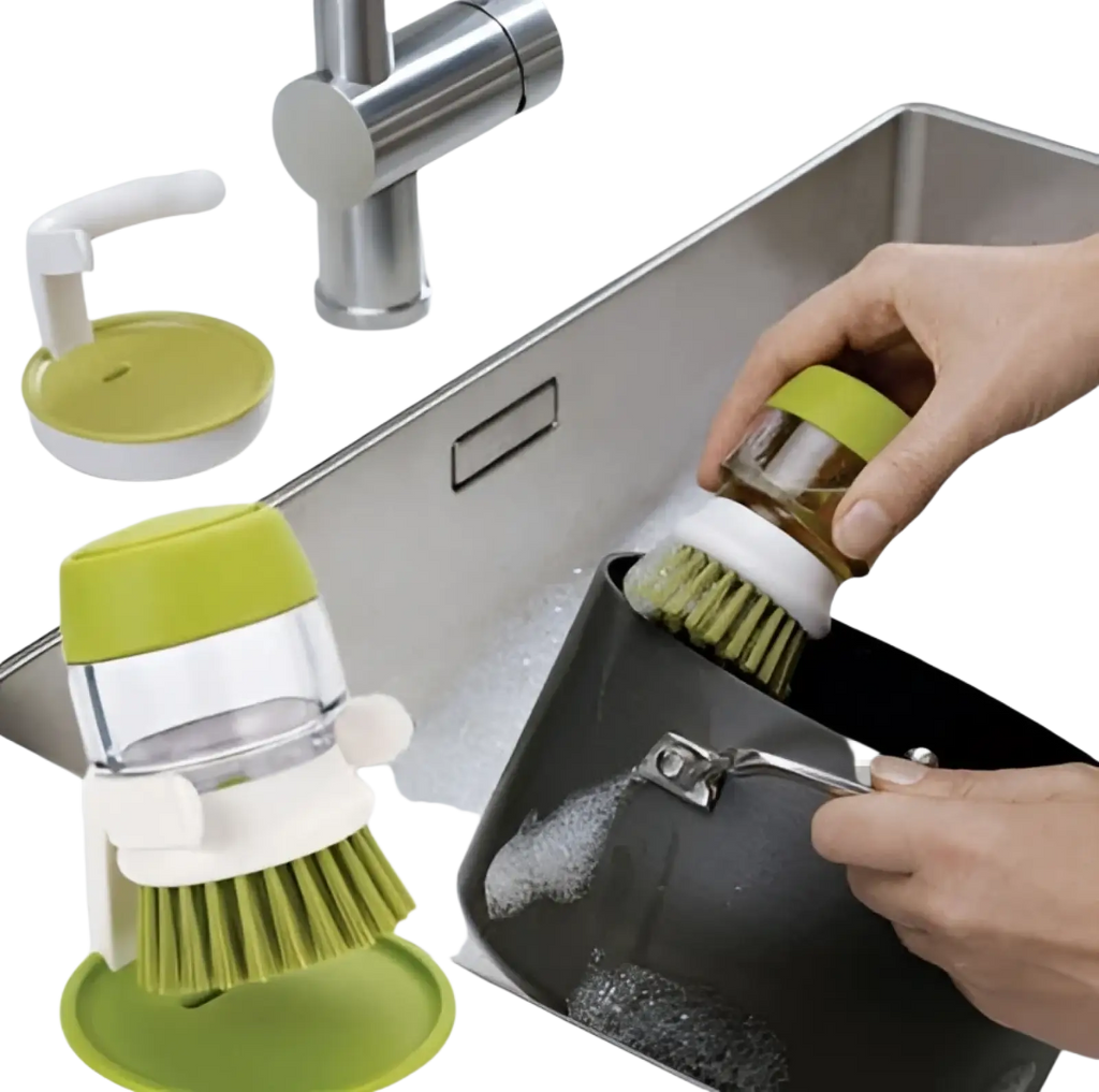 Soap dispensing dish brush in green and white with clear plastic handle and non slip storage base for scrubbing pots