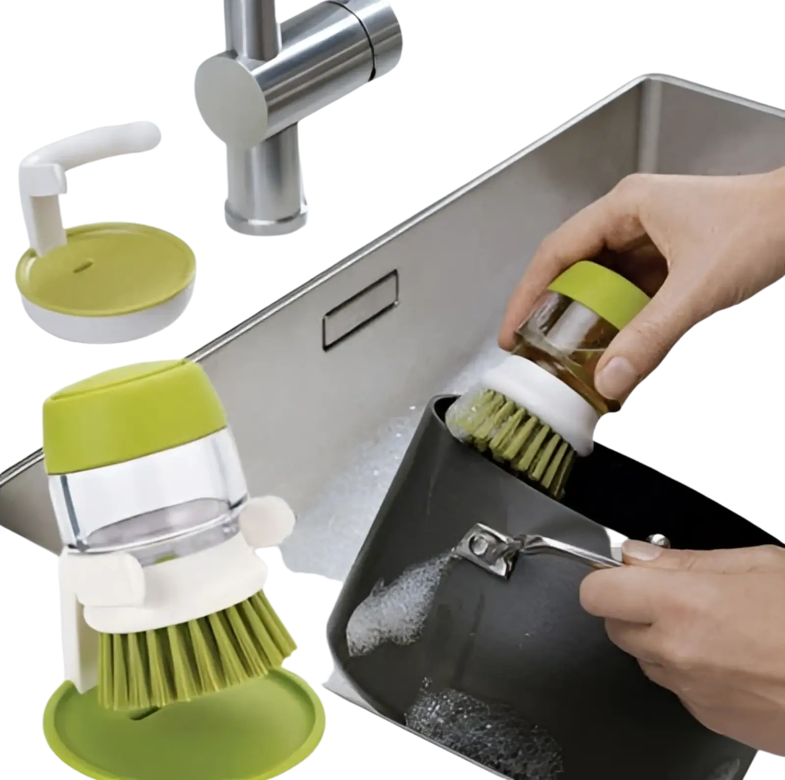Soap dispensing dish brush in green and white with clear plastic handle and non slip storage base for scrubbing pots