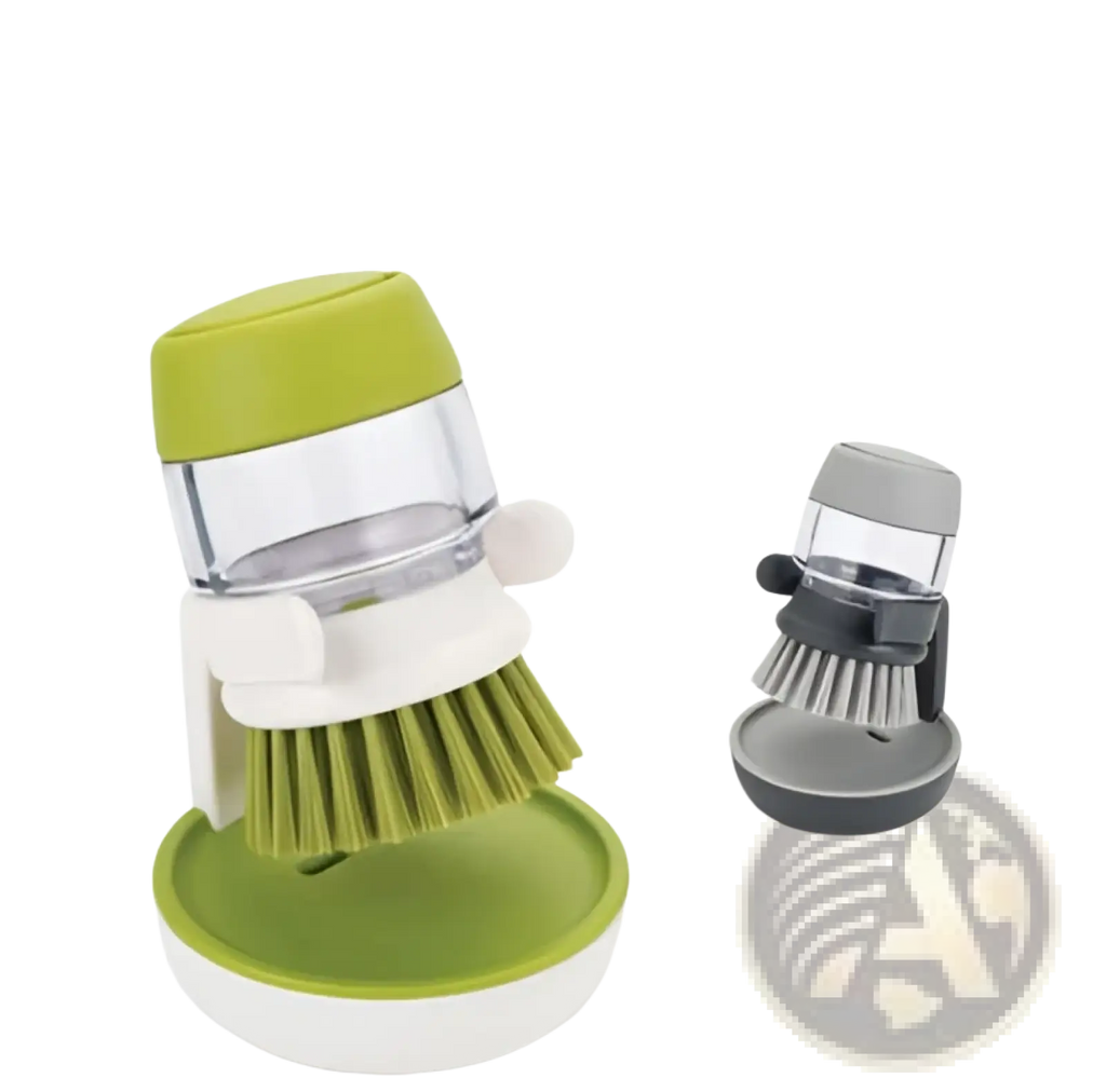 Soap dispensing dish brush with non slip base in green and white featuring a clear soap reservoir for kitchen use
